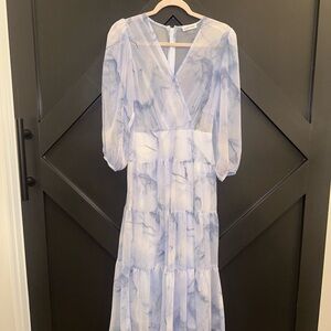 Calvin Klein Sheer Watercolor Maxi Dress - Light Blue Marble Print